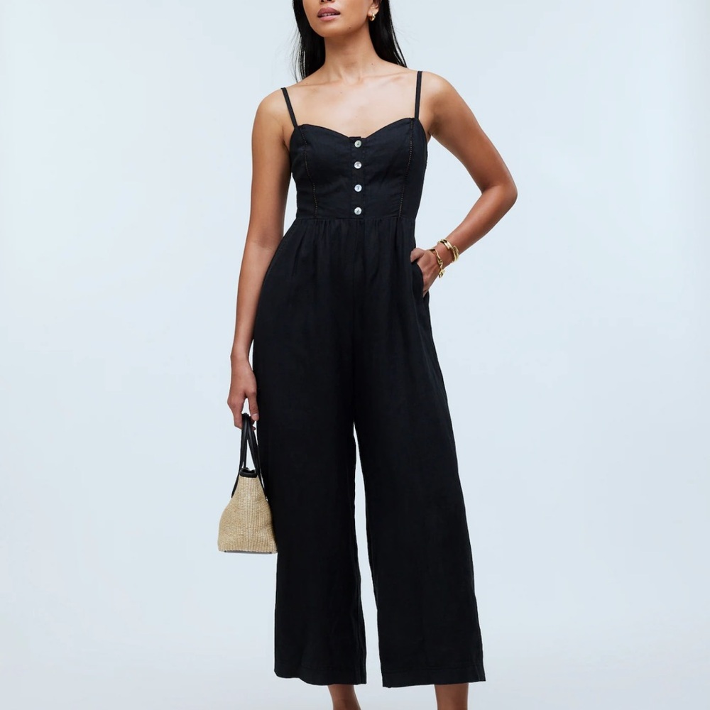 Madewell Sleeveless Wide-Leg Jumpsuit in 100% Linen in True Black Size 2 petite